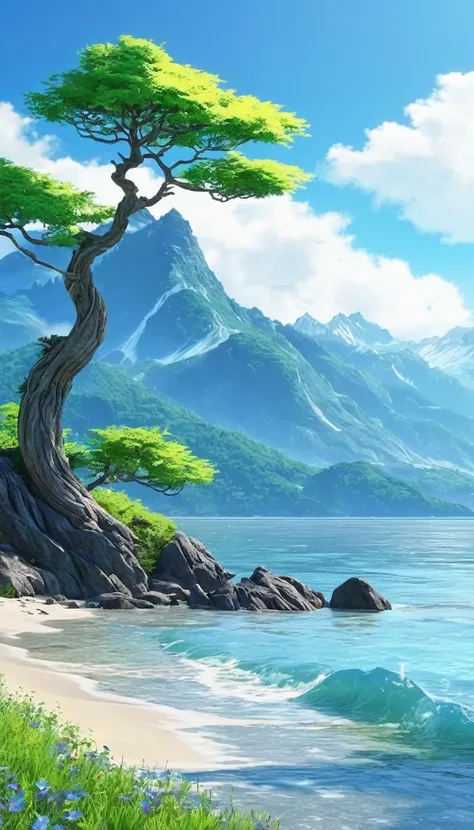 beautiful, animated scenery, mountains and tides, tree 