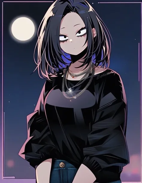 One girl, famale focus,  boku no hero academia, with dark circles   , mysterious ,ingenious , casual and dark clothing , black hair large , so beautiful, necklace moon ,