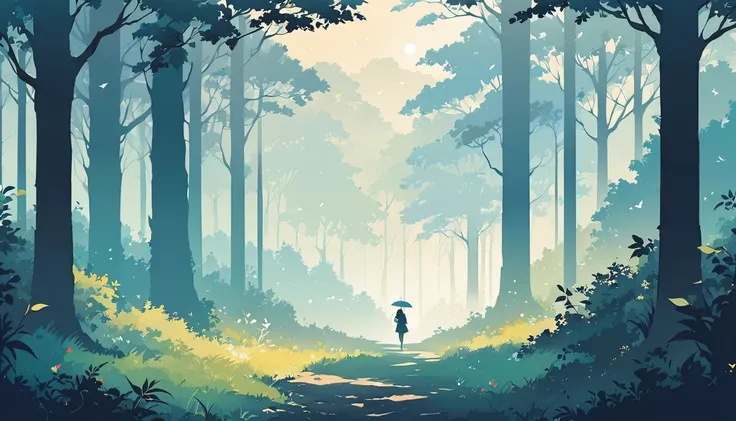 Landscape of park or forest with trees and plants shrouded in mist, silhouette of a girl walking with a colorful umbrella drawn in soft tones, expressing the relaxing feeling of a solo walk in nature, Japanese anime style