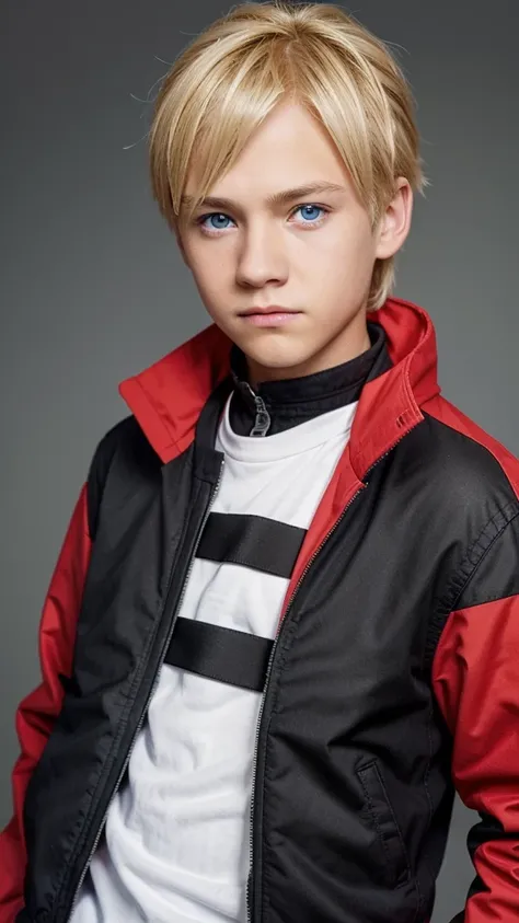 create a 14 year old boy, blonde hair, blue eyes, plain black and red jacket, like boruto