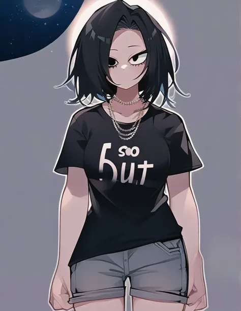 One girl, famale focus,  boku no hero academia, with dark circles   , mysterious ,ingenious , black knee-length t-shirt with a big white B  , black hair long  , so beautiful, necklace moon ,