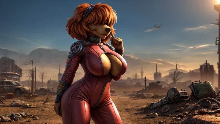 Skye from Paw Patrol, female cockapoo, anthro, short orange hair, fringe over eyes, magenta eyes, mature adult, big breasts, Vault bodysuit, Fallout, wasteland, standing, detailed, solo, beautiful, high quality, 4K