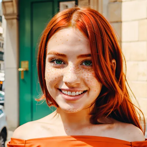 A very beautiful girl 18 years old white skin smile freckles in her face green eyes long orange hair wearing a beautiful red dress off shoulder in London 