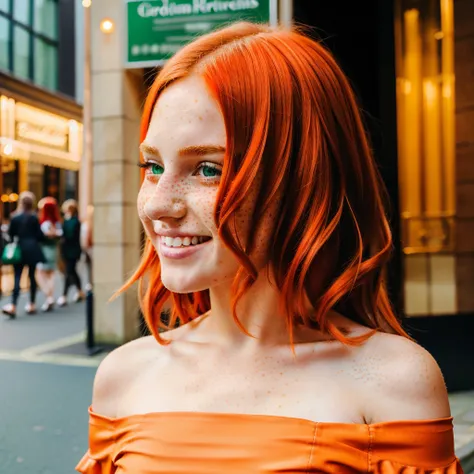 A very beautiful girl 18 years old white skin smile freckles in her face green eyes long orange hair wearing a beautiful red dress off shoulder in London 