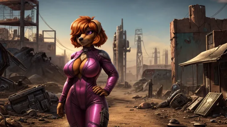 Skye from Paw Patrol, female cockapoo, anthro, short orange hair, fringe over eyes, magenta eyes, mature adult, big breasts, chest cutout bodysuit, Fallout, wasteland, standing, detailed, solo, beautiful, high quality, 4K