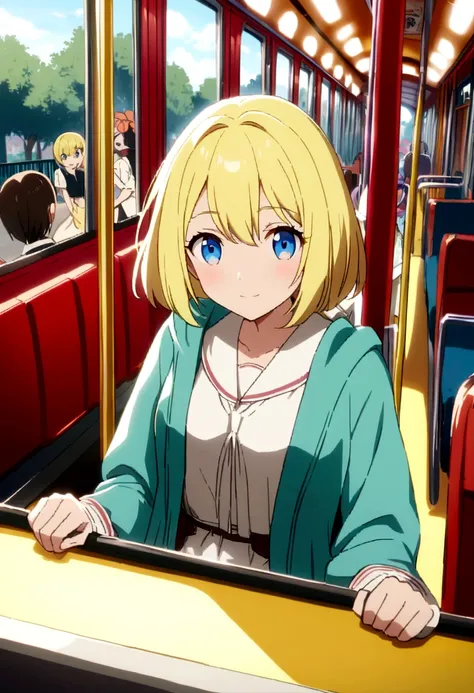 An anime girl with short yellow hair and blue eyes riding a train in an amusement park