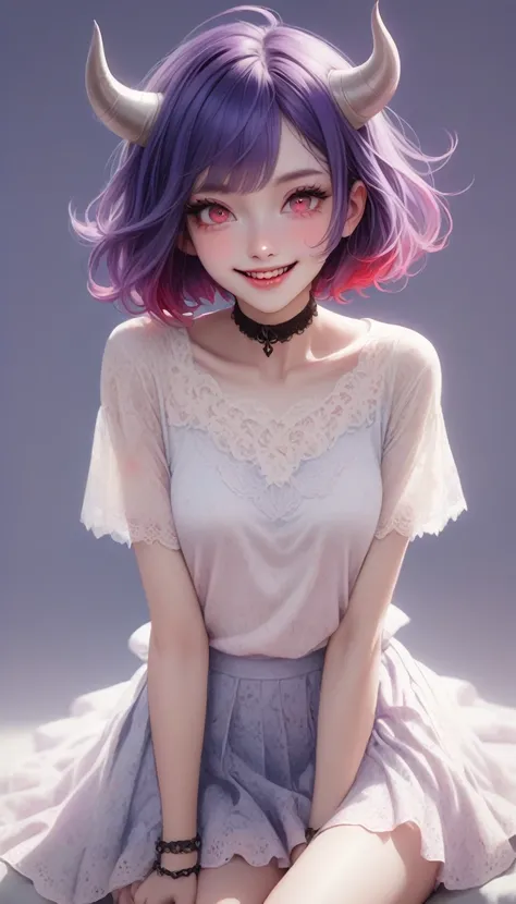 girl, solo, cowboy shot, short hair, purple hair, demon horns, expressive eyes, red eyes, multi-colored eyes, eyelashes, tsurime, winks with one eye, full body, skull, collarbone, lace T-shirt, light lace skirt, delicate style , pastel colors, graphic back...