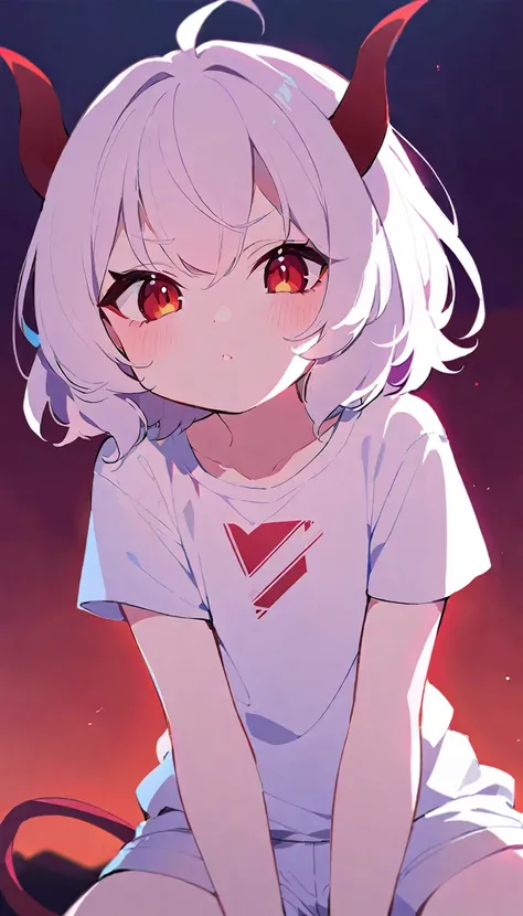 Teenage girl, devil girl, small red horns, white hair, short fluffy hair, big red eyes, pale skin, rosy cheeks, wearing a white t-shirt with a red diagonal stripe across the chest, gold lines on the shoulders, white shorts with red lateral lines.