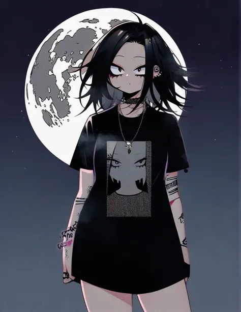 One girl, famale focus,  boku no hero academia, with dark circles   , mysterious ,ingenious , black knee-length t-shirt with a big white B  , black hair long  , so beautiful, necklace moon , make up grunge 