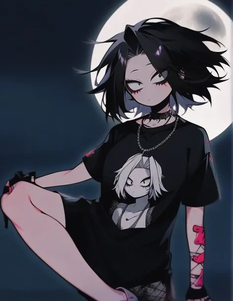 One girl, famale focus,  boku no hero academia, with dark circles   , mysterious ,ingenious , black knee-length t-shirt with a big white B  , black hair long  , so beautiful, necklace moon , make up grunge 