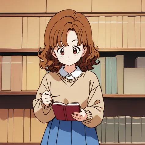 Bela ,all-body、curly brown hair、brown sweater、1990s、Flat fill, with a book in hand