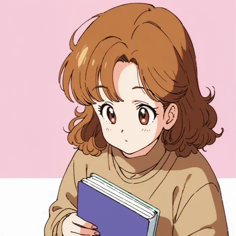 Bela ,all-body、curly brown hair、brown sweater、1990s、Flat fill, with a book in hand