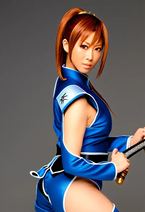 kasumi from dead or alive, ponytail hair, japanese beautyful woman, blue ninja suit, milf, holding a small katana