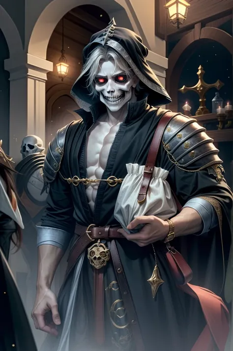 Undead skeleton in medieval era merchant clothes holding bag of money laughing