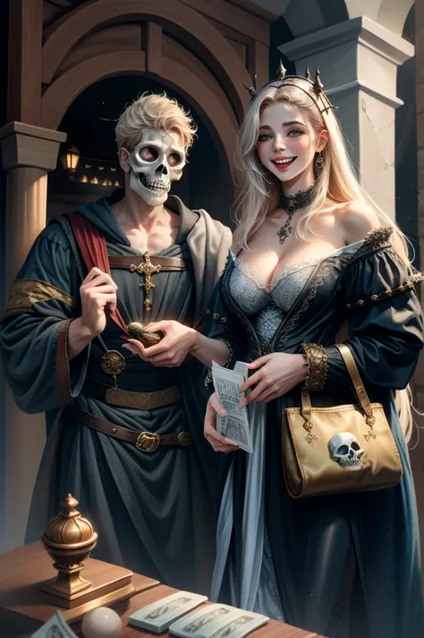 Undead skeleton in medieval era merchant clothes holding bag of money laughing