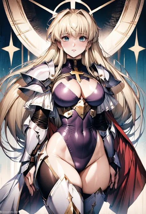 ((highest quality)), ((masterpiece)), ((hyperrealistic)), (detailed background), solo, 1girl, ((curvy: 1.2)), kawaii, ((wizard knight)), langrisser, blonde braided long hair, ((Large cross pattern dark purple Leotard: 1.5)), (paladin armor), ((ArmoredDress...