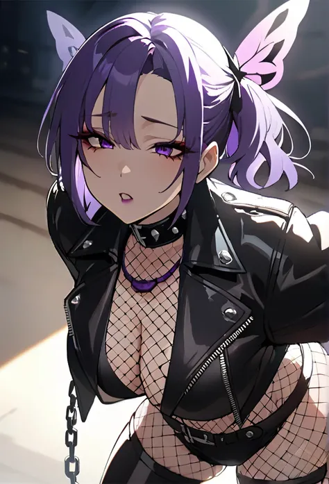 best quality, masterpiece, ultra-detailed, illustration, dynamic pose, shinobu, Shinobu Kocho from demon slayer, butterfly hairpin, purple hair, (perfectly proportionate body), eyeliner, tired,wearing a leather jacket, adorned with studded accessories, pla...