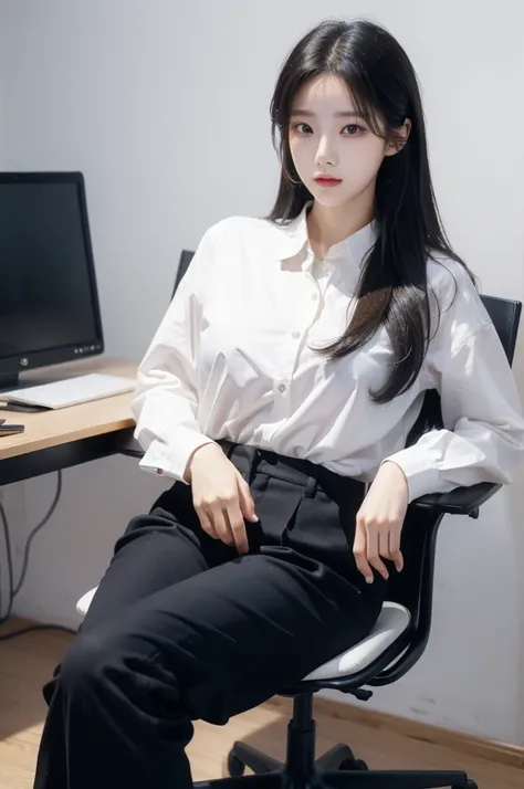 (((actual photography))),, portrait, Korean，(stunning face:1.3),, beautiful girl, Looking at the file,Sit in a large class chair , (Work:1.2), shirt buttons and pants, , (cleavage:0.3),, In the CEO&#39;s Office, (environmental details:1.3),, (original phot...