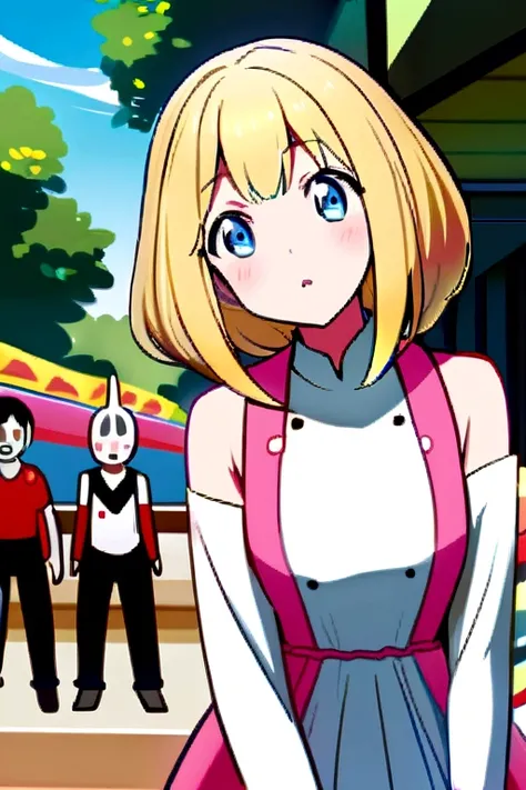 Anime girl with short blonde hair and blue eyes in the theme park