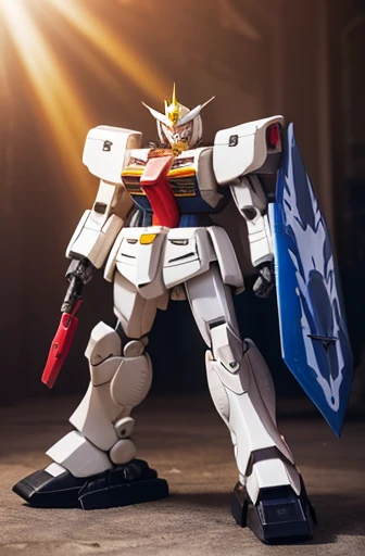 Highest quality、Fantasy、masterpiece、A full-body image of a giant robot like Gundam、A body that shines in the sunlight、Blue on white、red、Yellow coloring、A glossy body with precise detail、Knight&#39;s helmet-like head、well-proportioned limbs、Knight&#39;s Big...