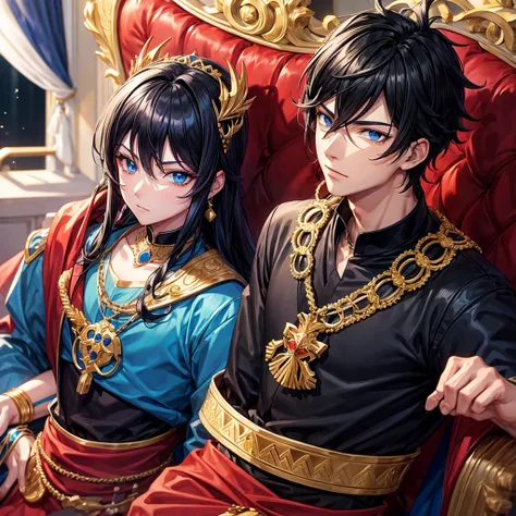 anime style, Chico, black hair, blue eyes, royalty dress, jewelry