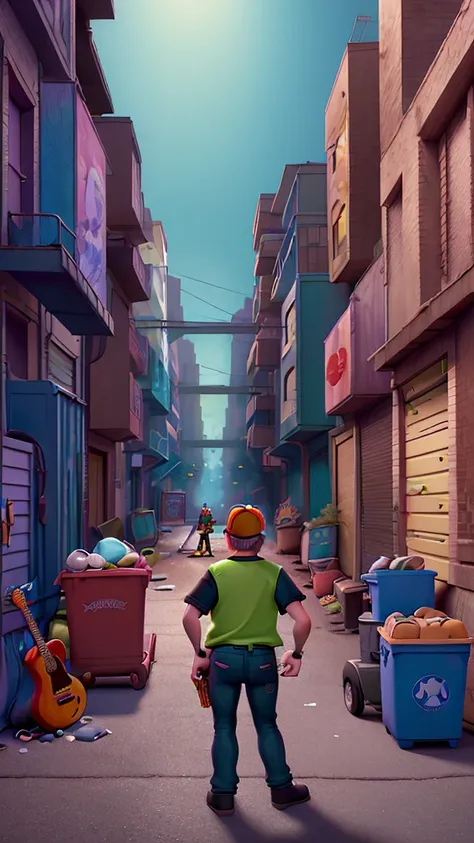 a waste collection truck in a back alley, garbage collectors playing rock instruments, guitarist, bassist, keyboardist, drummer, singing rock in the alley, detailed scene, hyper-realistic, vibrant colors, dramatic lighting, cinematic, 4k, masterpiece