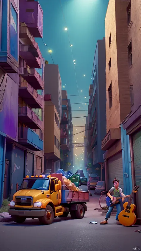 a waste collection truck in a back alley, garbage collectors playing rock instruments, guitarist, bassist, keyboardist, drummer, singing rock in the alley, detailed scene, hyper-realistic, vibrant colors, dramatic lighting, cinematic, 4k, masterpiece