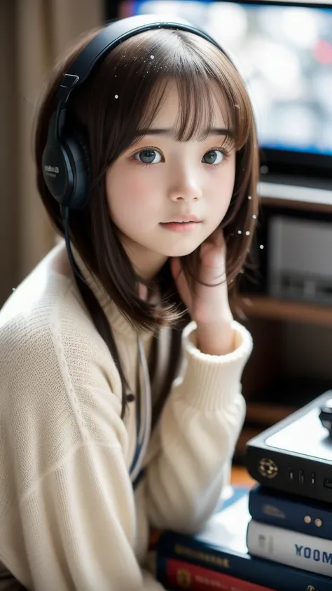 1girl, 1900S 95 y.o. flyweight Sadness from Inside Out surrounded by Game consoles,12yo Beautiful girl, Composing music, Snowing, shallow depth of field, Direct light, 800mm lens, female