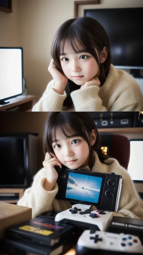 1girl, 1900S 95 y.o. flyweight Sadness from Inside Out surrounded by Game consoles,12yo Beautiful girl, Composing music, Snowing, shallow depth of field, Direct light, 800mm lens, female