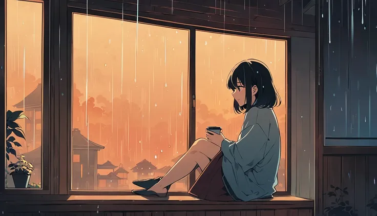 A scene of a girl sitting by the window, holding a hot drink while watching the rain outside, the contrast between the warm atmosphere inside the room and the rain outside is beautiful, Japanese anime style