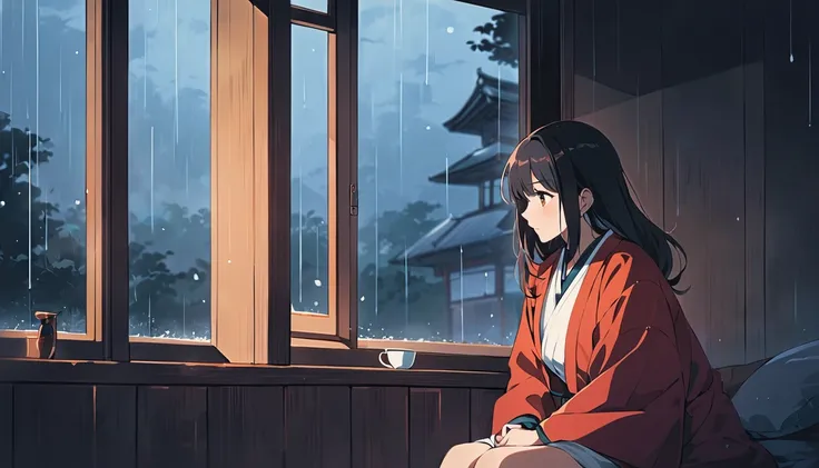 A scene of a girl sitting by the window, holding a hot drink while watching the rain outside, the contrast between the warm atmosphere inside the room and the rain outside is beautiful, Japanese anime style