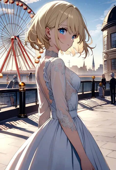 An anime girl with short blonde hair and blue eyes standing in front of a Ferris wheel