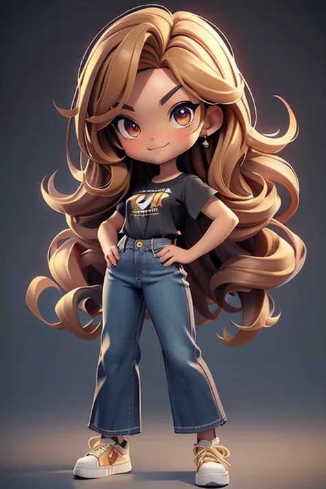 masterpiece, Best quality, detailed face, detailed eyes, sharp focus, 3D rendering. whole body, cute girl in chibi style, thin smile, ((Tanned skin tone)), great hair, very tousled dark brown tousled long hair, golden brown sparkling eyes, tomboy, Slim bod...