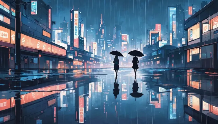 A cityscape of a girl walking in the rain with a cute umbrella, with a girl walking lightly against a background of reflective puddles and a quiet cityscape, Japanese anime style