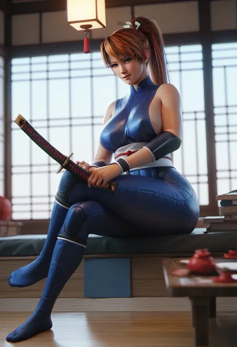 kasumi from dead or alive, ponytail hair, blue ninja suit, milf, holding a small katana, japanese room background, sit, crossed legs
