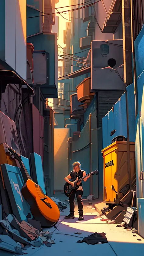 a waste collection truck in a back alley, garbage collectors playing rock instruments, guitarist, bassist, keyboardist, drummer, singing rock in the alley, detailed scene, hyper-realistic, vibrant colors, dramatic lighting, cinematic, 4k, masterpiece