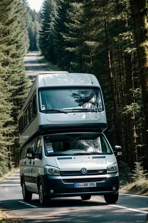 Modern camper van driving at high speed on a road through a forrest 