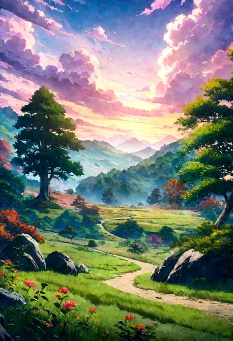 
japanese anime - style painting of a tree in a grassy field with rocks, anime countryside landscape, anime landscape, anime landscape wallpaper, anime background art, beautiful anime scenery, anime background, anime beautiful peace scene, anime scenery, a...