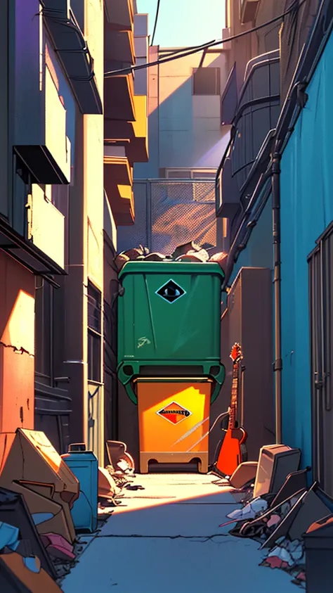 a waste collection truck in a back alley, garbage collectors playing rock instruments, guitarist, bassist, keyboardist, drummer, singing rock in the alley, detailed scene, hyper-realistic, vibrant colors, dramatic lighting, cinematic, 4k, masterpiece