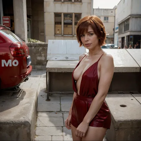 stylish French singer Mylene Farmer, 30 years, with red short hair, with a stylish hairstyle, in fashionable clothes against the background of the street, Stylish photo, Fashion photo, Mario Testino style