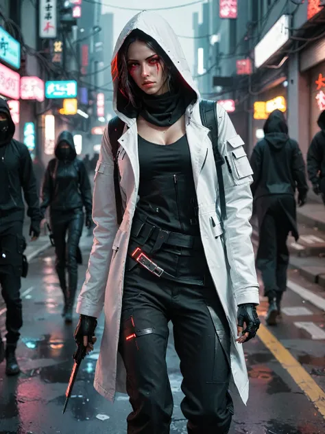 araffe in a white hooded jacket and black pants walking down a street, female assassin, beautiful female assassin, artwork in the style of guweiz, cyberpunk assassin, wearing techwear and armor, female rouge assassin, very beautiful cyberpunk samurai, amaz...