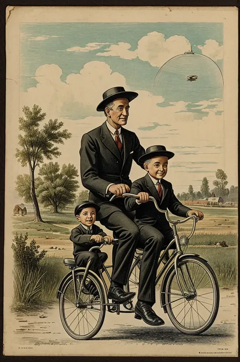 Flying saucer and father with his son riding two bicycles old drawing 