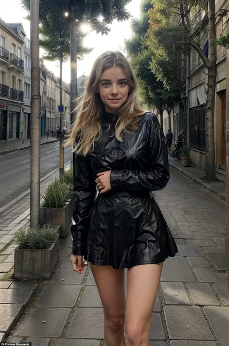 Créer une photo réaliste dune jeune femme dans une rue pavée, prise avec un iPhone. La femme a de longs cheveux blonds, elle na pas de vetemment et se tient contre un mur de briques aec des plantes grimpantes en arrière-plan. La lumière naturelle du soleil...