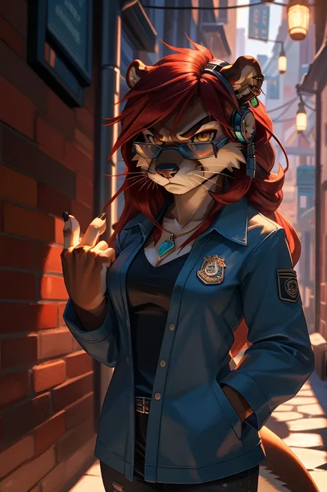 otter, female, white fur, ((Female Otter long hair)), ((red hair)), very angry face, blue aviator glasses, ear piercing, small breast, detail elements on fur, Shows the middle finger, beautiful lights and shadows, ambient light, super fine fur, volumetric ...