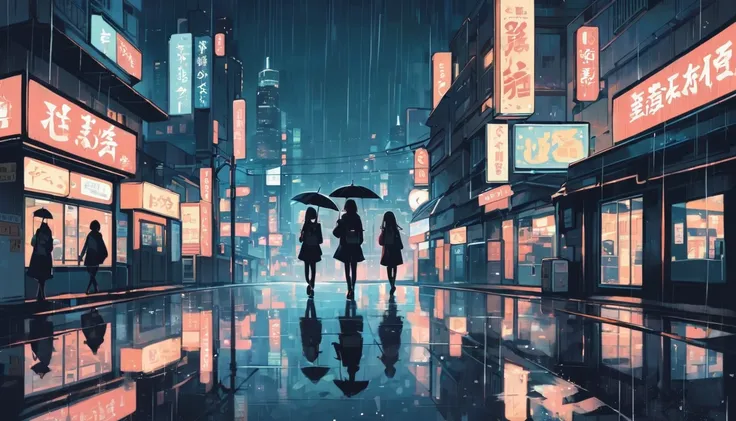 A cityscape of a girl walking in the rain with a cute umbrella, with a girl walking lightly against a background of reflective puddles and a quiet cityscape, Japanese anime style