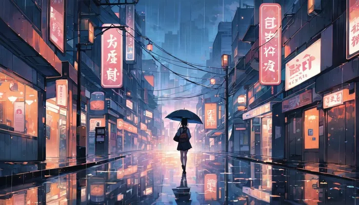 A cityscape of a girl walking in the rain with a cute umbrella, with a girl walking lightly against a background of reflective puddles and a quiet cityscape, Japanese anime style