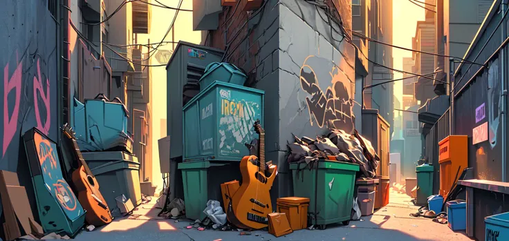 a waste collection truck in a back alley, garbage collectors playing rock instruments, guitarist, bassist, keyboardist, drummer, singing rock in the alley, detailed scene, hyper-realistic, vibrant colors, dramatic lighting, cinematic, 4k, masterpiece