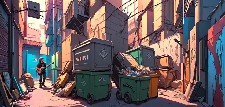 a waste collection truck in a back alley, garbage collectors playing rock instruments, guitarist, bassist, keyboardist, drummer, singing rock in the alley, detailed scene, hyper-realistic, vibrant colors, dramatic lighting, cinematic, 4k, masterpiece