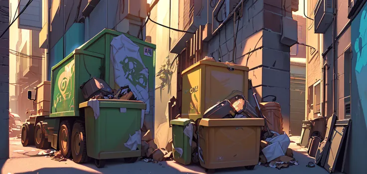 a waste collection truck in a back alley, garbage collectors playing rock instruments, guitarist, bassist, keyboardist, drummer, singing rock in the alley, detailed scene, hyper-realistic, vibrant colors, dramatic lighting, cinematic, 4k, masterpiece