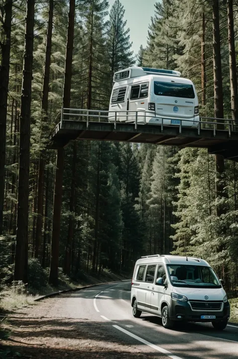 Modern camper van driving at high speed on a road through a forrest 